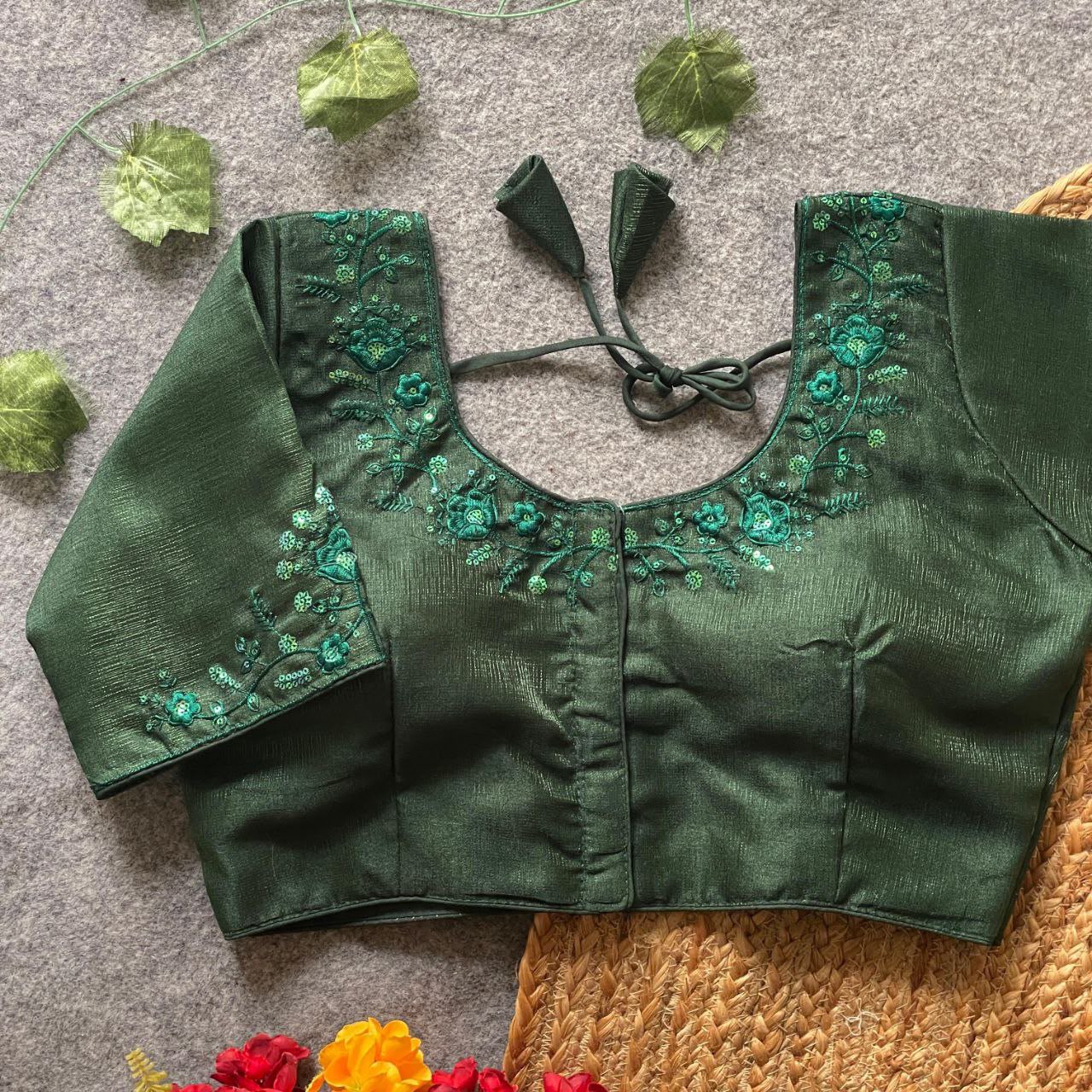 Sequins Work Phontam Silk Blouse-Green